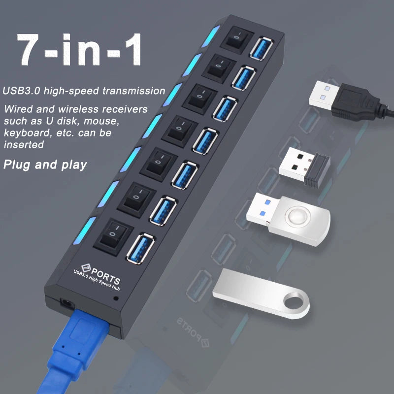 USB Hub 3.0 – 4 or 7 Port High-Speed Splitter with Individual Switches | AKT TECH