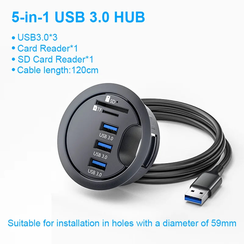 6-in-1 Desk Mount USB 3.0 Hub – SD/TF Card Reader, Headphone Jack & USB-C Port | AKT TECH