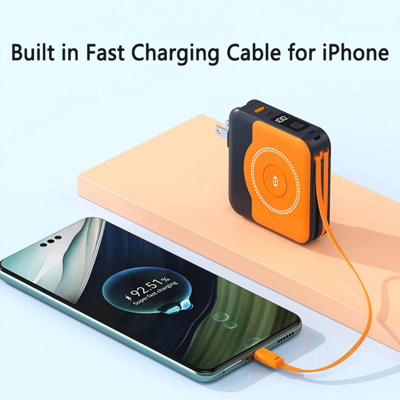 10000mAh MagSafe Power Bank with Built-in Cable & Wall Charger – 22.5W Fast Charge | AKT TECH