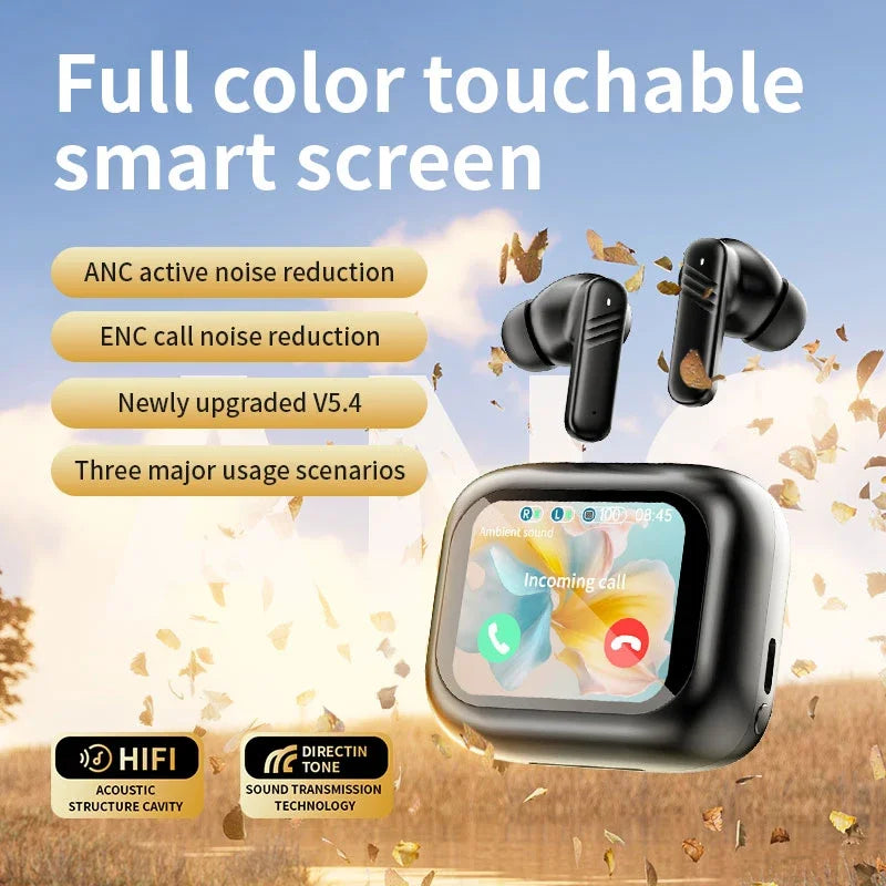 Wireless Touch Control Earbuds with LCD Screen Multi-Language Microphone Headset Compatible Support Earphones