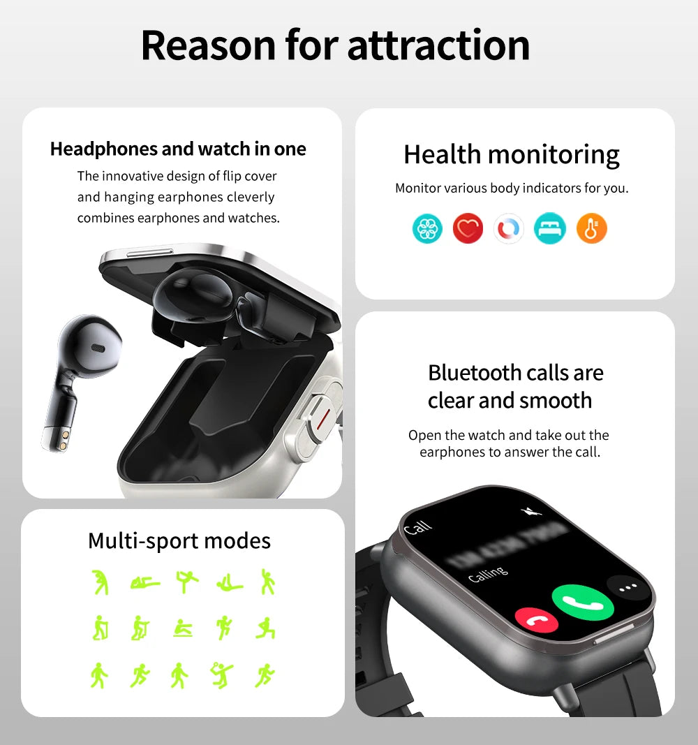 2-in-1 TWS Earbuds Smartwatch with BT Calling, Heart Rate Monitor, Sport Fitness Tracker, Wireless Headphones Watch