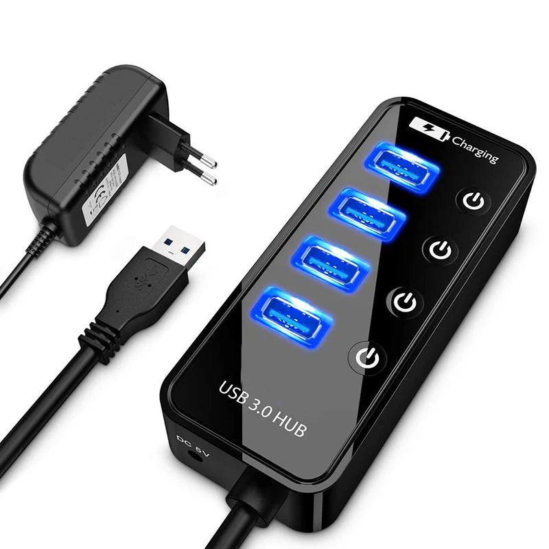USB 3.0 Hub – 4-Port Powered Expander with Smart Charging & Individual Switches | AKT TECH