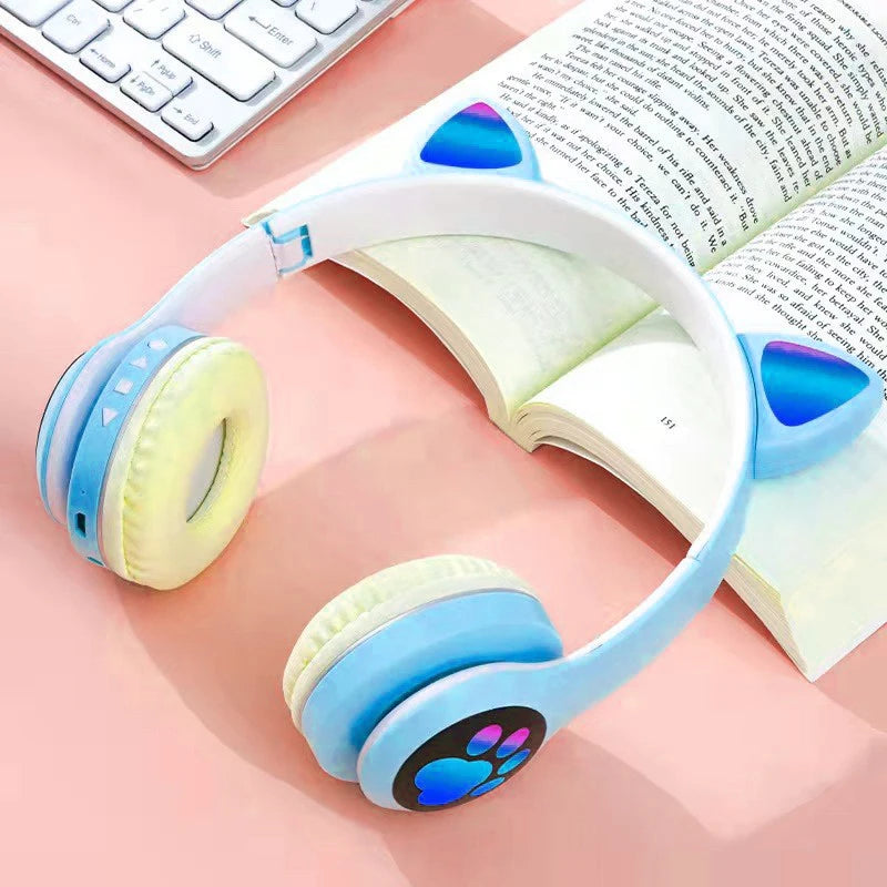 Cute Cat Ears Headphones Bluetooth Wireless Gaming Headset with Flashing LED Light Pink Stereo Music Earbud for Kids Girls Gift
