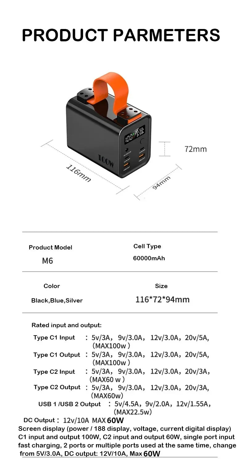 60000mAh 100W Portable Power Bank – USB-C PD Fast Charge for Laptop & Phone | AKT TECH