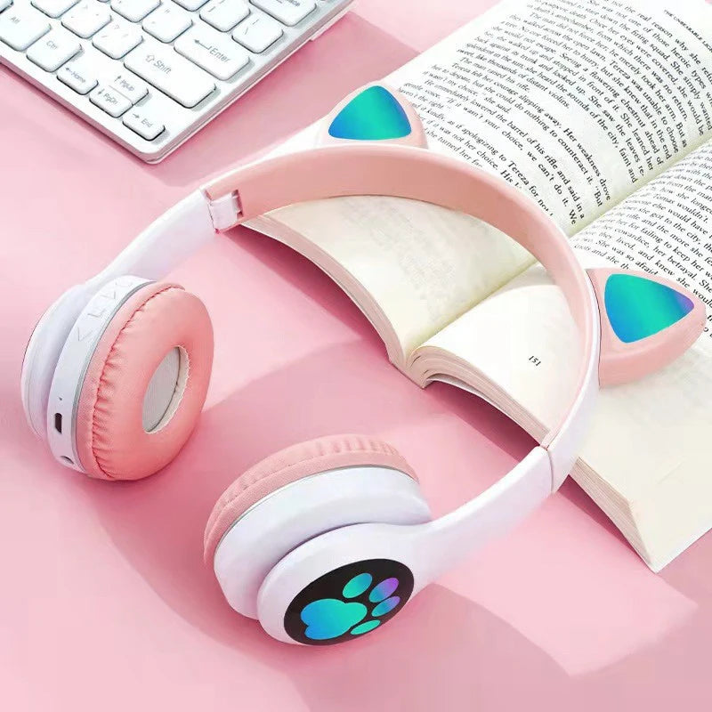 Cute Cat Ears Headphones Bluetooth Wireless Gaming Headset with Flashing LED Light Pink Stereo Music Earbud for Kids Girls Gift