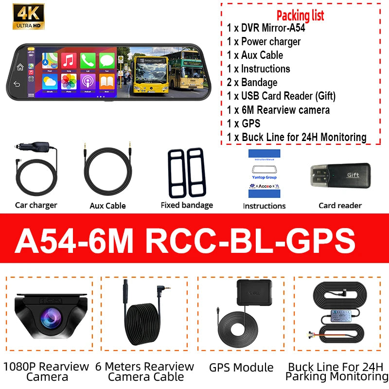 4K WiFi Dash Cam with CarPlay, Android Auto & GPS – 12" Touch Screen Night Vision | AKT TECH