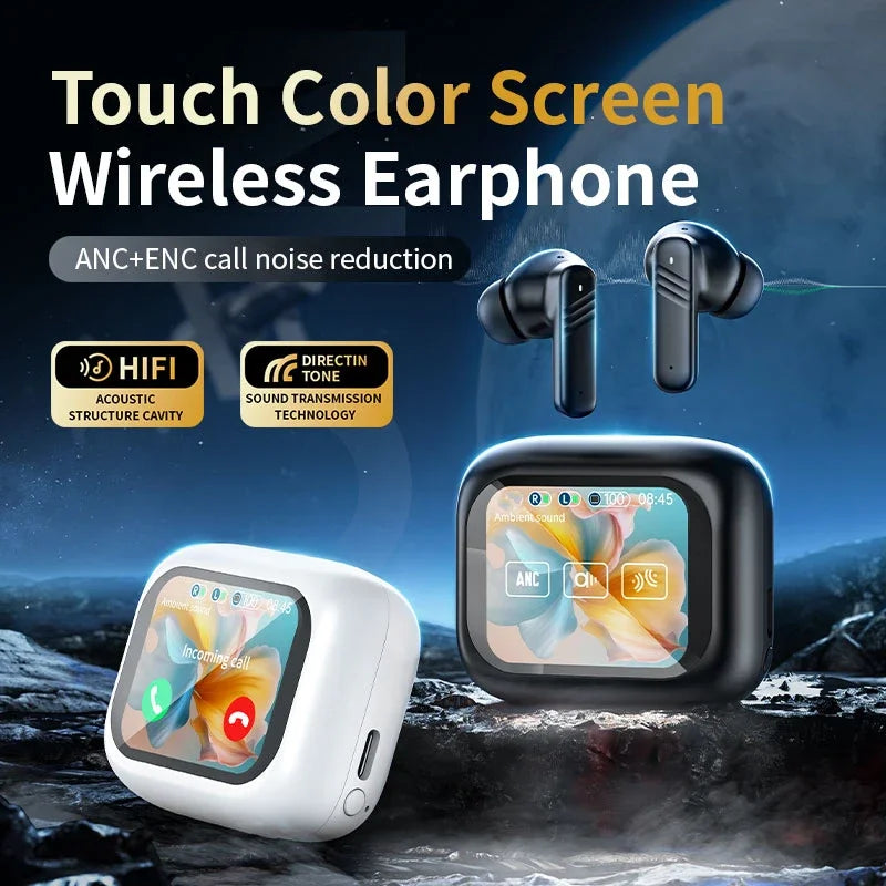 Wireless Touch Control Earbuds with LCD Screen Multi-Language Microphone Headset Compatible Support Earphones