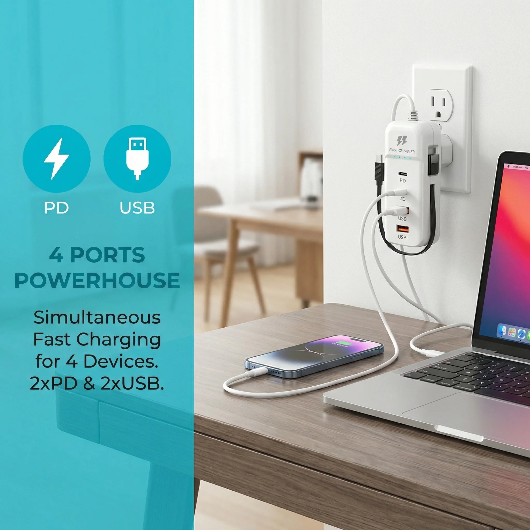 66W 4-Port Desktop Charging Hub – 2 USB-C PD + 2 USB-A Fast Charge Station | AKT TECH