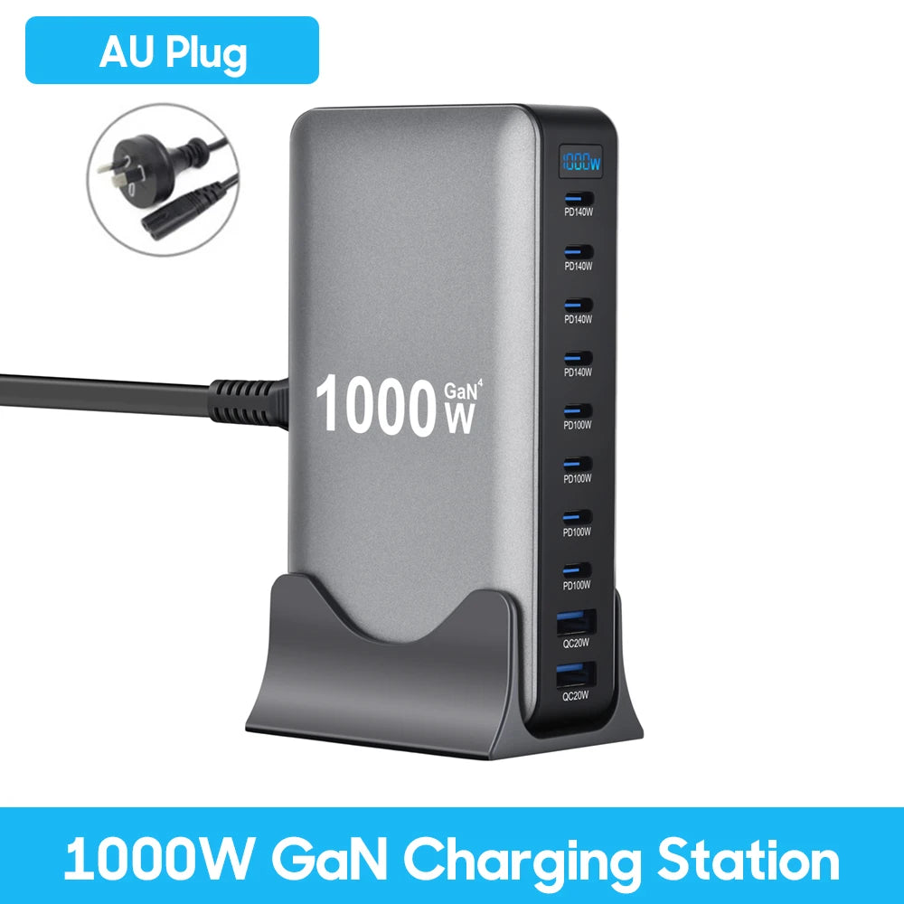 1000W 10-Port GaN Desktop Charging Station – 140W PD Fast Charge for MacBook, Laptop & Phone | AKT TECH