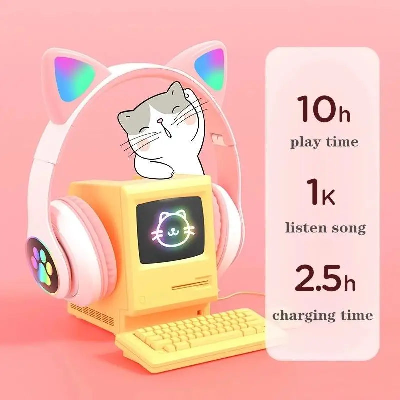 Cute Cat Ears Headphones Bluetooth Wireless Gaming Headset with Flashing LED Light Pink Stereo Music Earbud for Kids Girls Gift