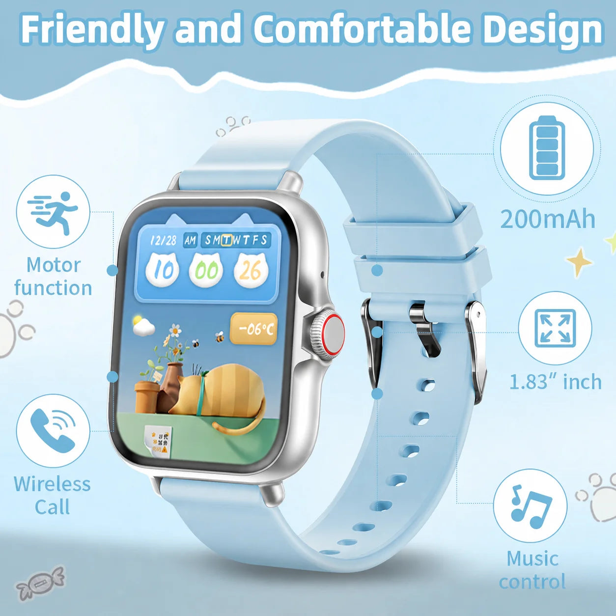 2026 Kids Smartwatch 1.83” HD Touch Screen Three-Ring Health Monitor Games Alarm Calculator Birthday Gift Watch for Children