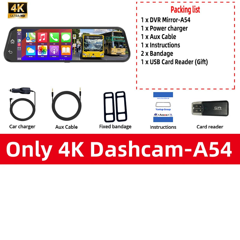 4K WiFi Dash Cam with CarPlay, Android Auto & GPS – 12" Touch Screen Night Vision | AKT TECH