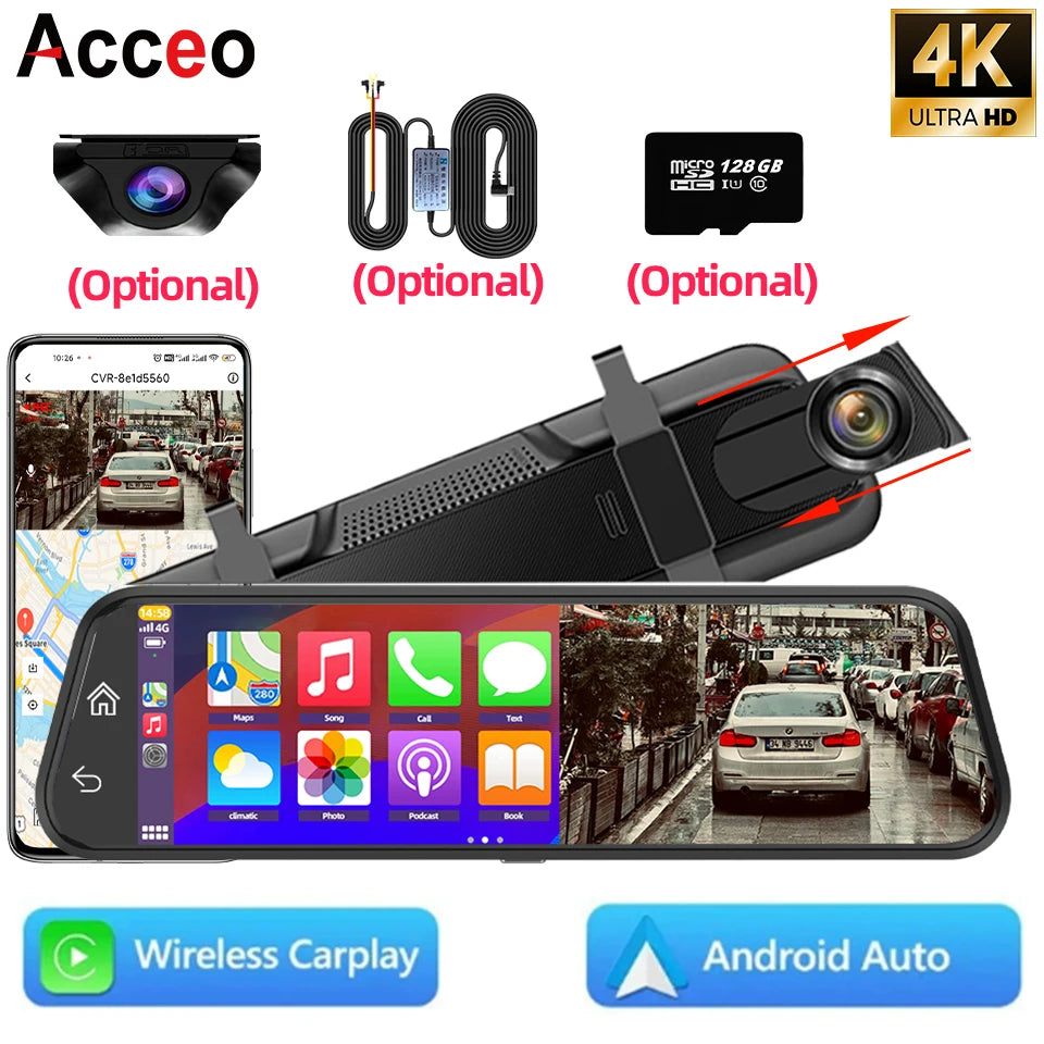 4K WiFi Dash Cam with CarPlay, Android Auto & GPS – 12" Touch Screen Night Vision | AKT TECH