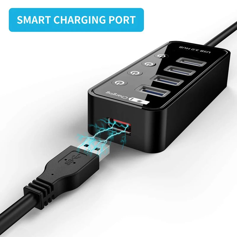 USB 3.0 Hub – 4-Port Powered Expander with Smart Charging & Individual Switches | AKT TECH
