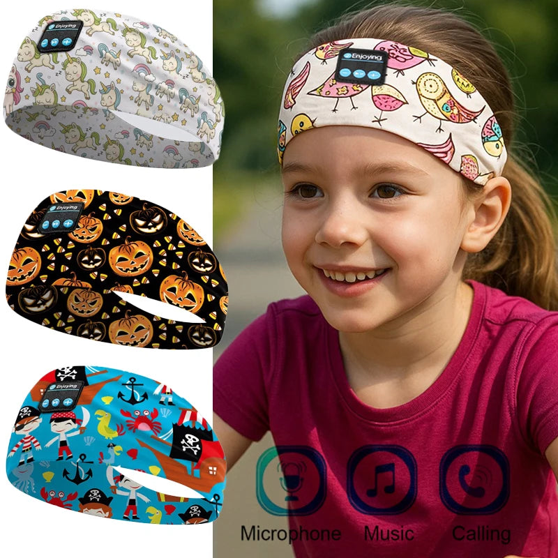 Kids Cartoon Bluetooth Headphones Headband Wireless Sports Music Headset Sleeping Head Band with HD Microphone for Boys&Girls