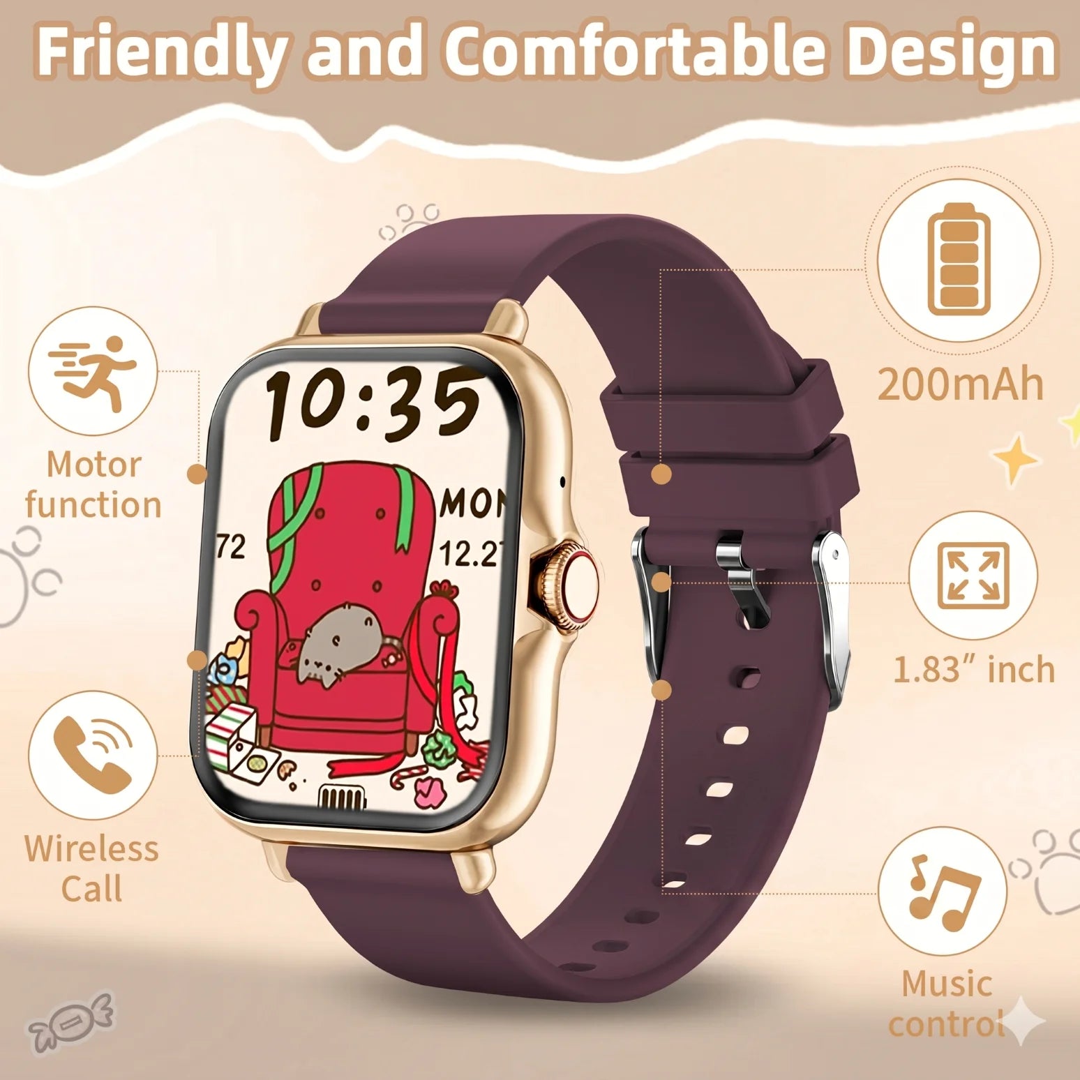 2026 Kids Smartwatch 1.83” HD Touch Screen Three-Ring Health Monitor Games Alarm Calculator Birthday Gift Watch for Children
