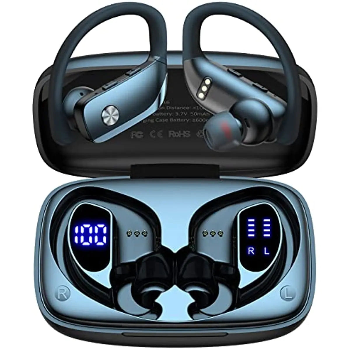 Ear Buds Wireless Earbuds Bluetooth Headphones with 80H Playtime LED Display Case, Over-Ear Hook with Mic, Stereo Sound