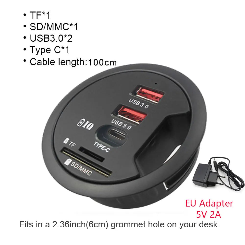 6-in-1 Desk Mount USB 3.0 Hub – SD/TF Card Reader, Headphone Jack & USB-C Port | AKT TECH