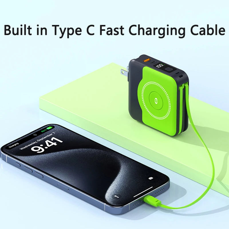 10000mAh MagSafe Power Bank with Built-in Cable & Wall Charger – 22.5W Fast Charge | AKT TECH