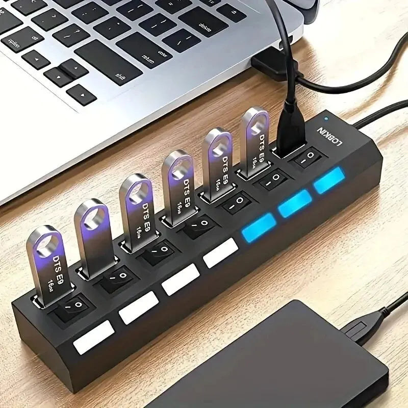 USB 2.0 Hub – 4 or 7 Port High-Speed Splitter with LED Switches | AKT TECH
