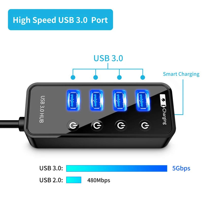 USB 3.0 Hub – 4-Port Powered Expander with Smart Charging & Individual Switches | AKT TECH