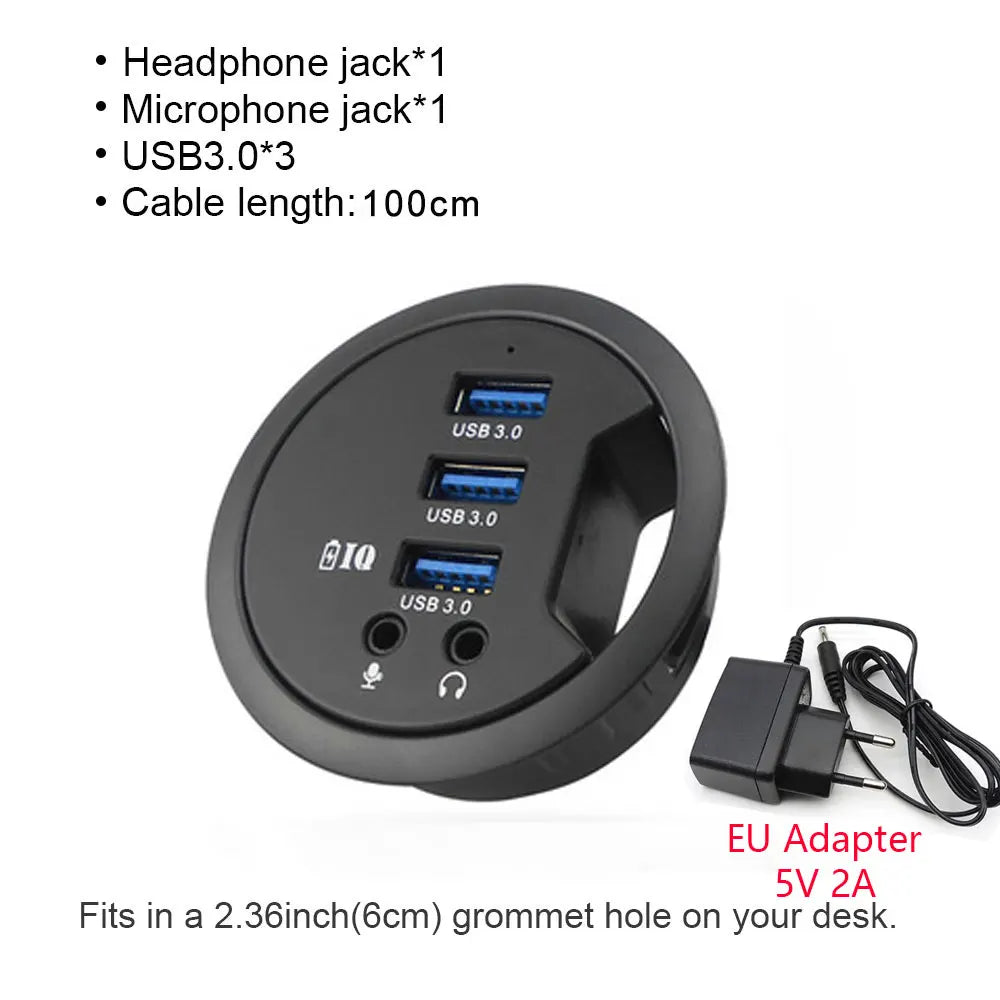 6-in-1 Desk Mount USB 3.0 Hub – SD/TF Card Reader, Headphone Jack & USB-C Port | AKT TECH