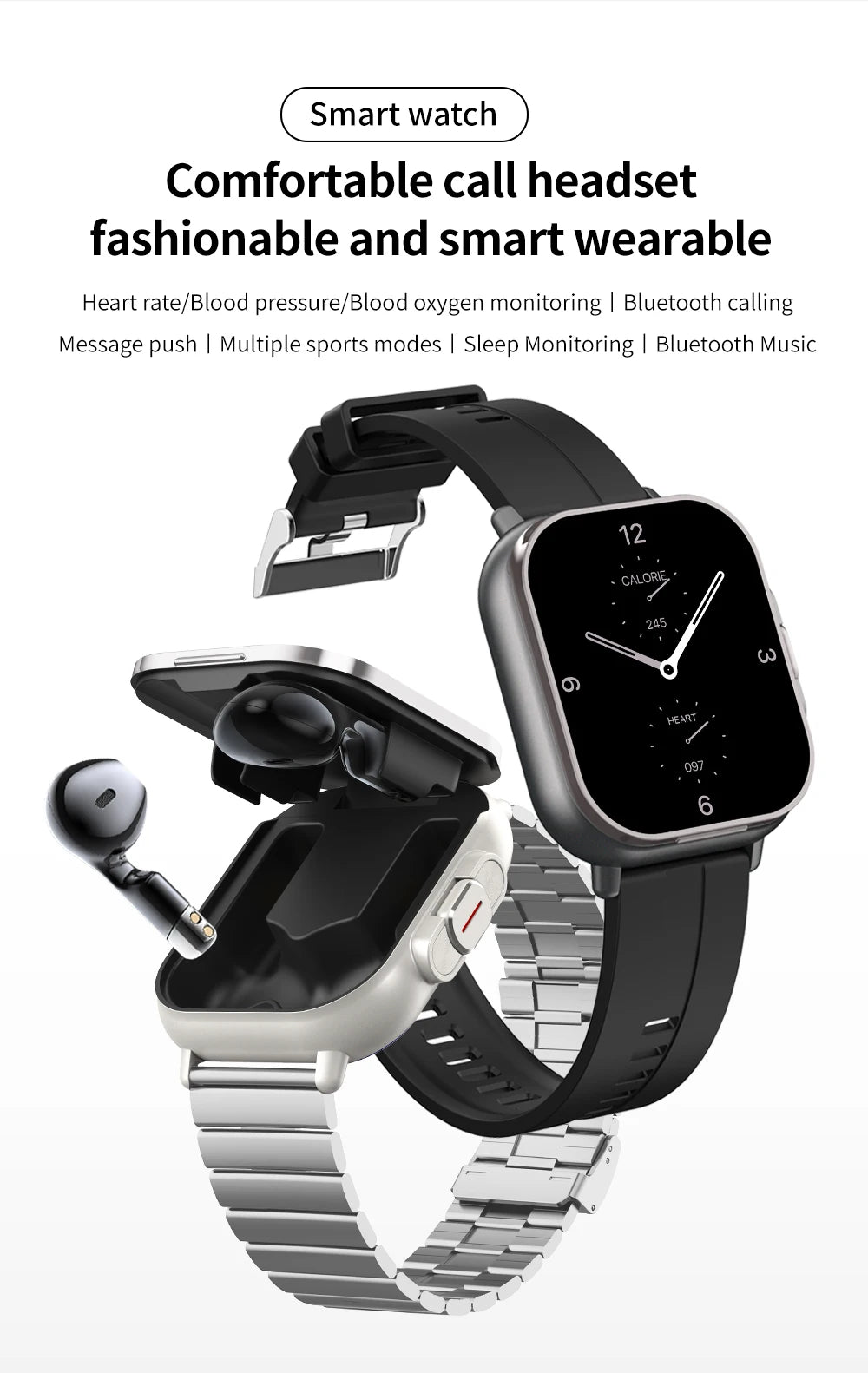 2-in-1 TWS Earbuds Smartwatch with BT Calling, Heart Rate Monitor, Sport Fitness Tracker, Wireless Headphones Watch