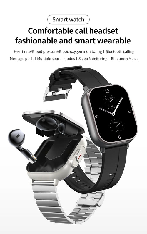 2-in-1 TWS Earbuds Smartwatch with BT Calling, Heart Rate Monitor, Sport Fitness Tracker, Wireless Headphones Watch