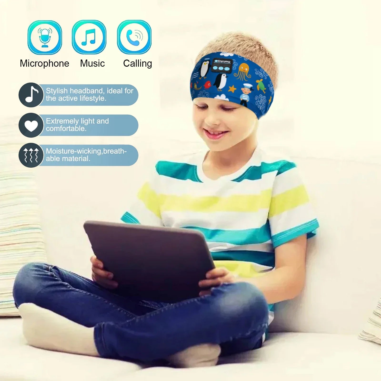 Kids Cartoon Bluetooth Headphones Headband Wireless Sports Music Headset Sleeping Head Band with HD Microphone for Boys&Girls