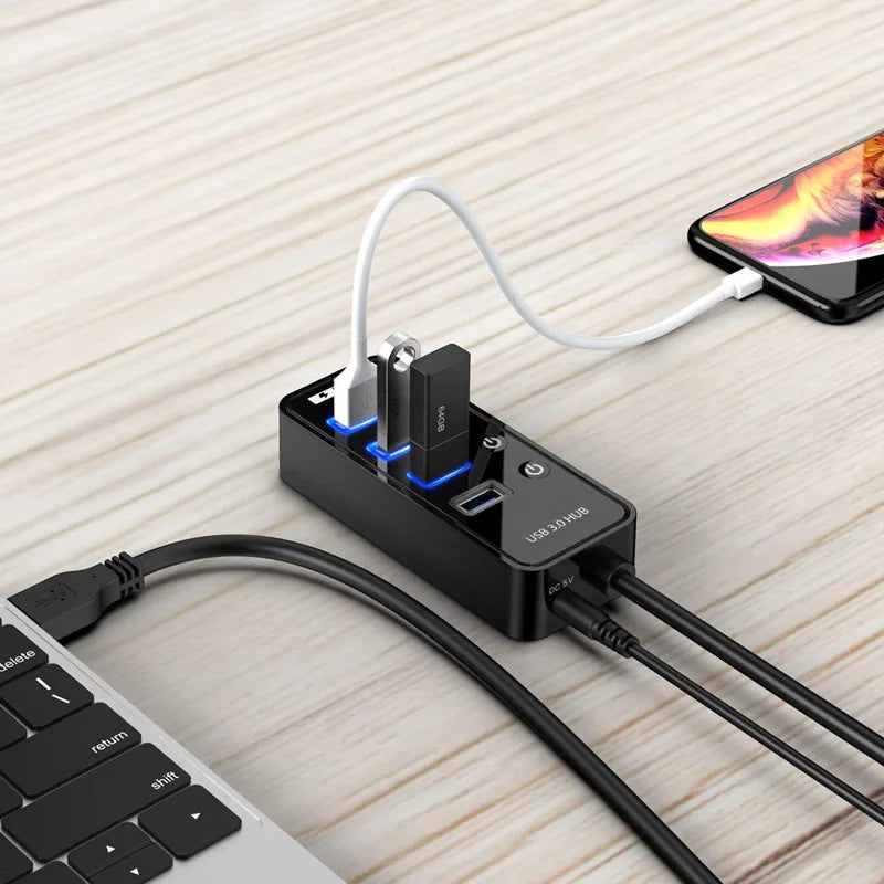 USB 3.0 Hub – 4-Port Powered Expander with Smart Charging & Individual Switches | AKT TECH