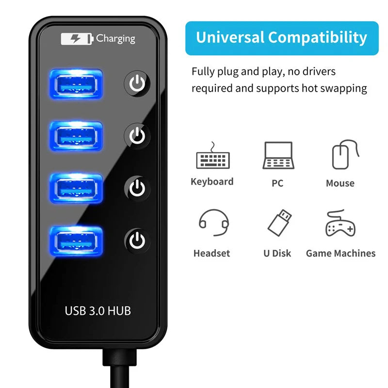 USB 3.0 Hub – 4-Port Powered Expander with Smart Charging & Individual Switches | AKT TECH
