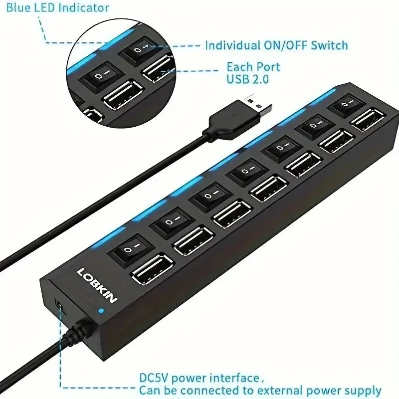 USB 2.0 Hub – 4 or 7 Port High-Speed Splitter with LED Switches | AKT TECH
