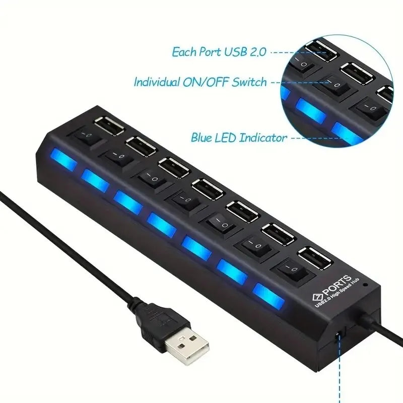 USB 2.0 Hub – 4 or 7 Port High-Speed Splitter with LED Switches | AKT TECH