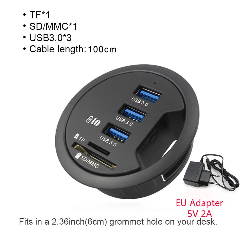6-in-1 Desk Mount USB 3.0 Hub – SD/TF Card Reader, Headphone Jack & USB-C Port | AKT TECH