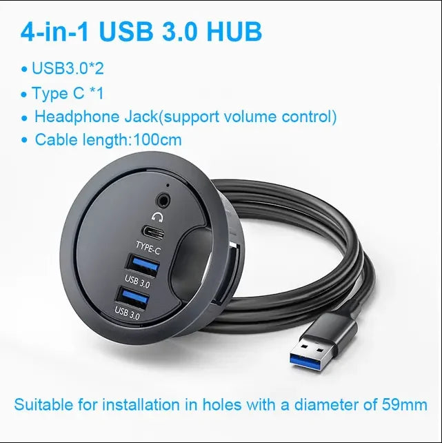 6-in-1 Desk Mount USB 3.0 Hub – SD/TF Card Reader, Headphone Jack & USB-C Port | AKT TECH
