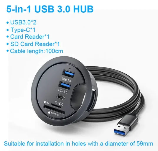 6-in-1 Desk Mount USB 3.0 Hub – SD/TF Card Reader, Headphone Jack & USB-C Port | AKT TECH