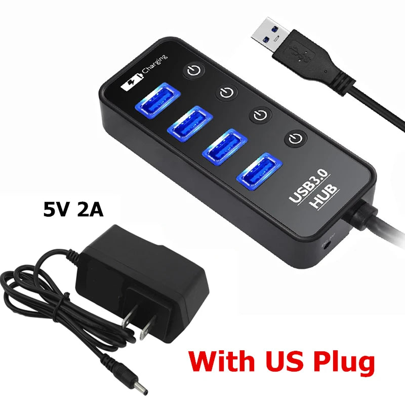 USB 3.0 Hub – 4-Port Powered Expander with Smart Charging & Individual Switches | AKT TECH