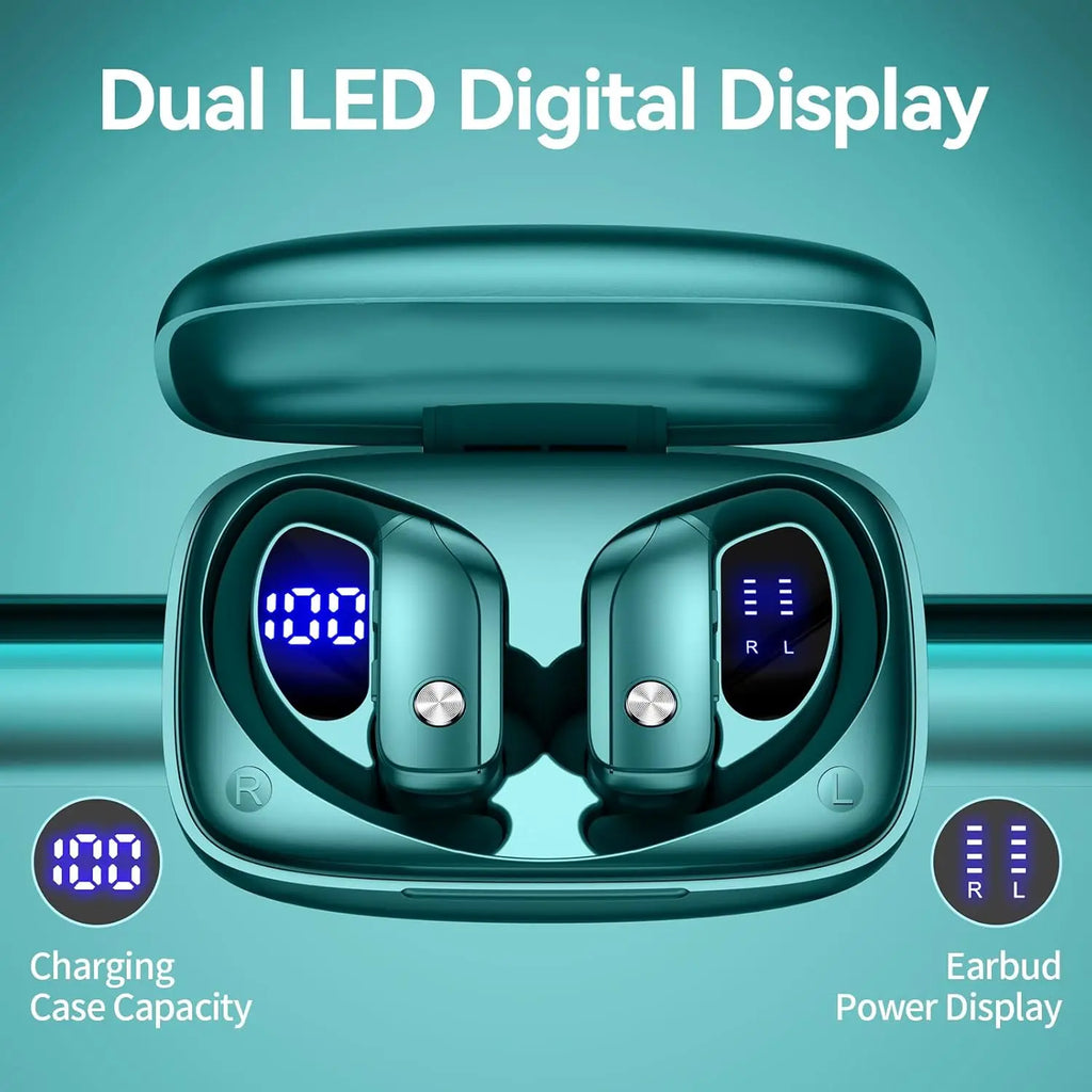 Ear Buds Wireless Earbuds Bluetooth Headphones with 80H Playtime LED Display Case, Over-Ear Hook with Mic, Stereo Sound