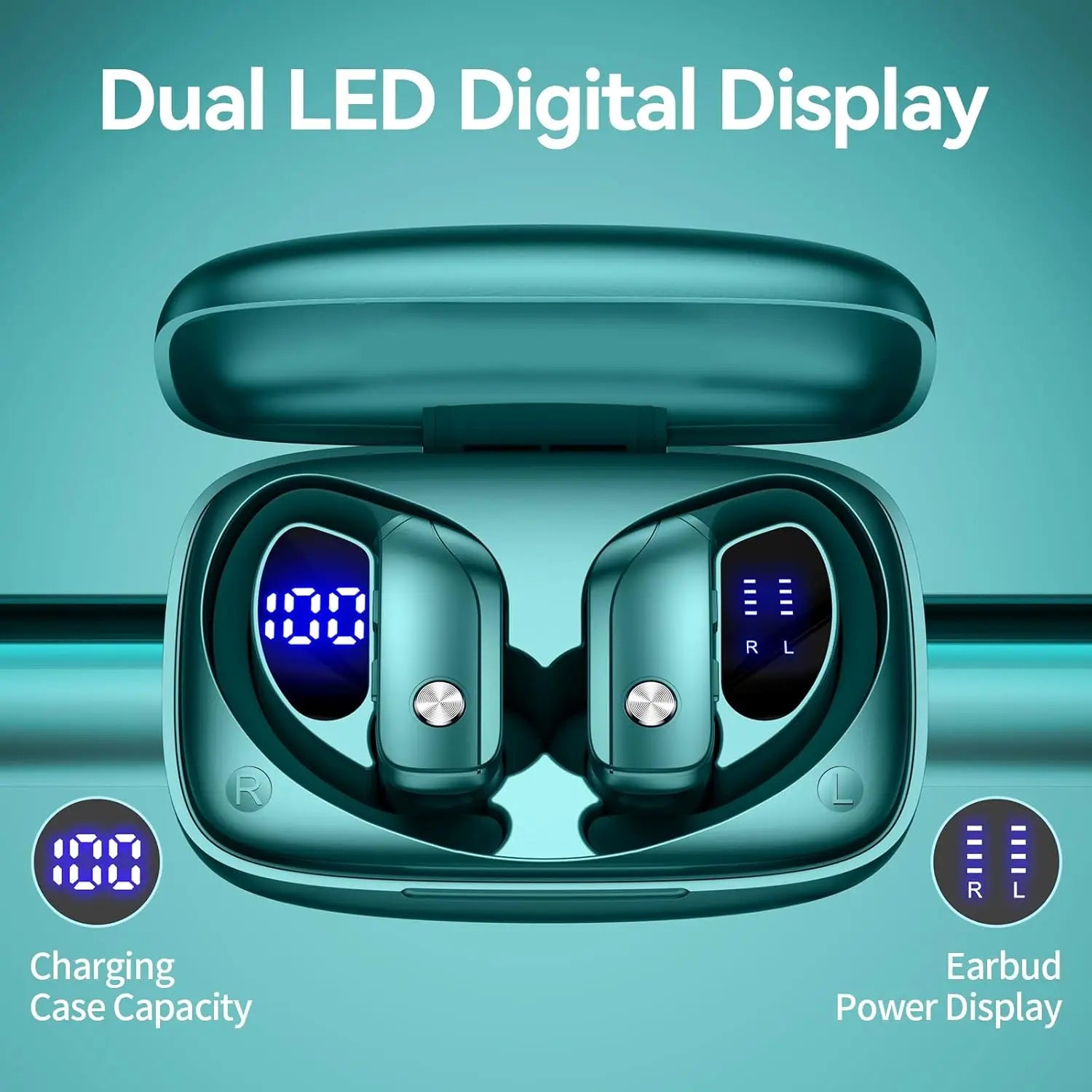 Ear Buds Wireless Earbuds Bluetooth Headphones with 80H Playtime LED Display Case, Over-Ear Hook with Mic, Stereo Sound