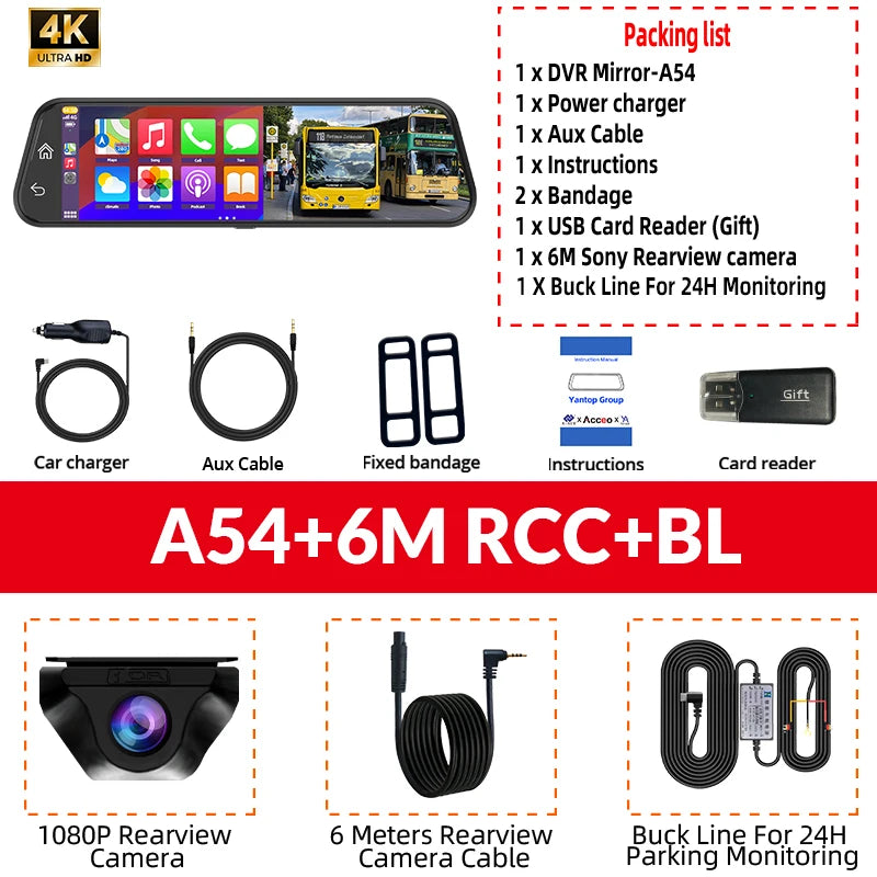 4K WiFi Dash Cam with CarPlay, Android Auto & GPS – 12" Touch Screen Night Vision | AKT TECH